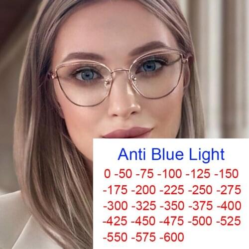 2021 Trending Office Anti Blue Light Myopia Glasses Women Metal Big Frame Cat Eye Finished Prescription Eyewear Computer Glasses