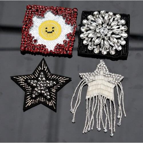 3D Handmade Rhinestone beaded Patches Tassels Sew on Sequin Crystal Patch For Clothing Beading Applique Cute Patch
