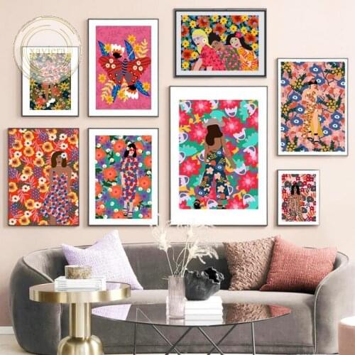 Abstract Colorful Fashion Girl Flower Posters and Prints Nordic Modern Vogue Model Canvas Painting Home Decoration Living Room