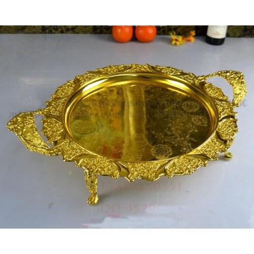 42cm large round silver gold plated metal serving tray dessert storage tray antique embossed decorative trays with handle 580