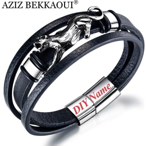 AZIZ BEKKAOUI Stainless Steel Personality Bracelet Vintage Magnetic Buckle Leopard Leather Hand Strap Simple Bracelet Man Gifts