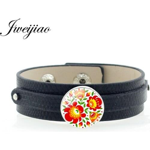 JWEIJIAO Polish Folk Art Handicraft Pattern Black PU Leather Rope Bracelet Glass Cabochon Fashion Snap Button Bangles PF87