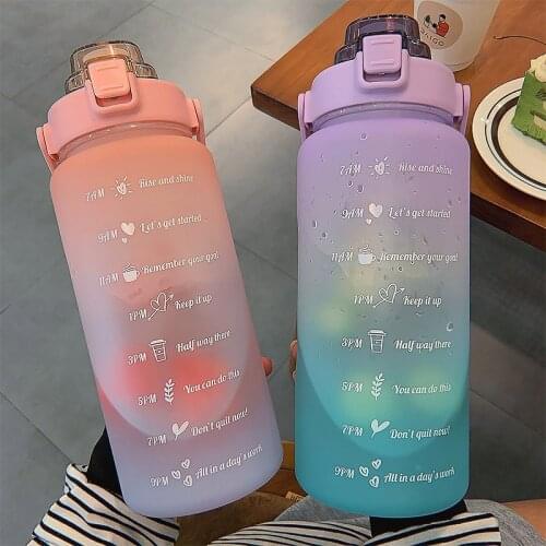 2L Large Capacity Water Bottle With Bounce Cover Time Scale Reminder Frosted Leakproof Cup For Outdoor Sports Fitness