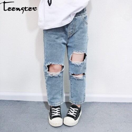 Teenster Baby Girl Jeans Summer Fashion Korean Little Girls Clothes Fall Broken Hole Denim Trousers Kids Middle-waisted Pants