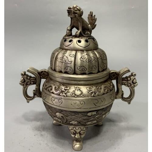 China White copper archaize beast lid Incense burner crafts statue
