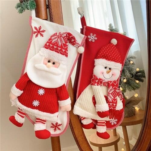 Red White Knitted Christmas Stocking Santa Claus Fireplace Decor Socks Xmas Gift Bags Candy Holder Decor For Home