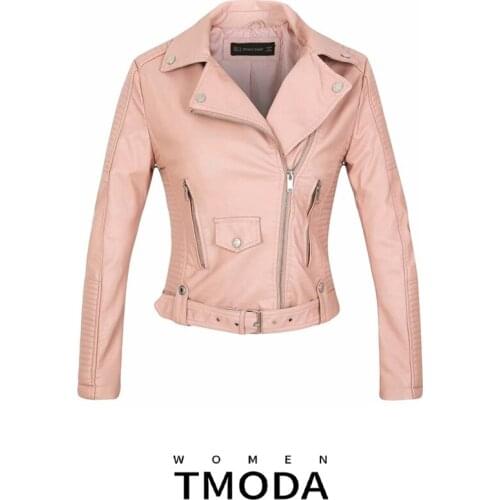 TMODA268 New Autumn Witner Streetwear Women Motorcycle Faux PU Leather Pink Jackets Lady Biker Outerwear Zipper Coat With Belt