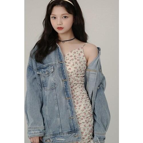 2021 new Men and womens denim jacket spring and autumn fashion hole loose casual mid-length coat