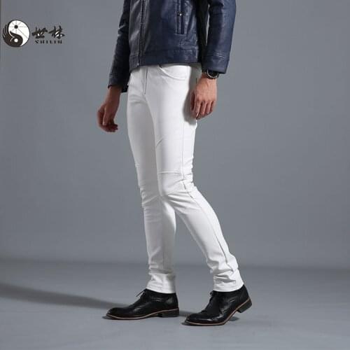 2021 New Mens Motorcycle White Trendy Straight PU Leather Trousers Youth Fashion Solid Color Stitching Leather Pants