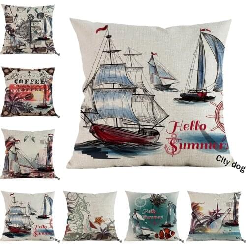 Retro Style Antique coffee poster Ocean palm tree Ship shelll Luxury Home Decorative Sofa Pillow Case Decoration Cushion Cover