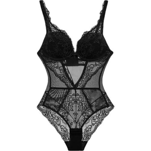 French Style European and American Top Thin Bottom Thick Sexy Bra Jumpsuit Transparent Lace Beautiful Back Corset Sexy