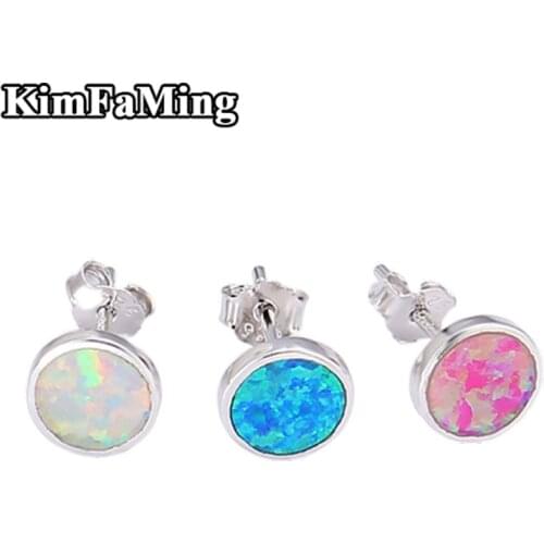 Small Trendy Girl Boy Casual Silver Opal Round Stud Earrings Simple Design Sporty Fine Jewelry Blue/Pink/White Gemstone OPE014