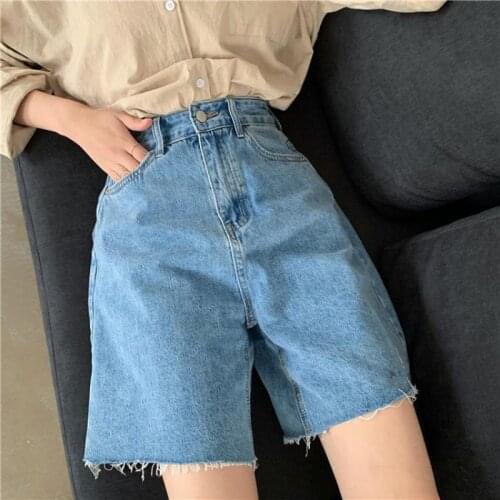 Shnsophi 2021 Summer Blue Cotton Denim Shorts Jeans Korean Style Half- Length Streetwear Short Feminino High Waist Biker Shorts