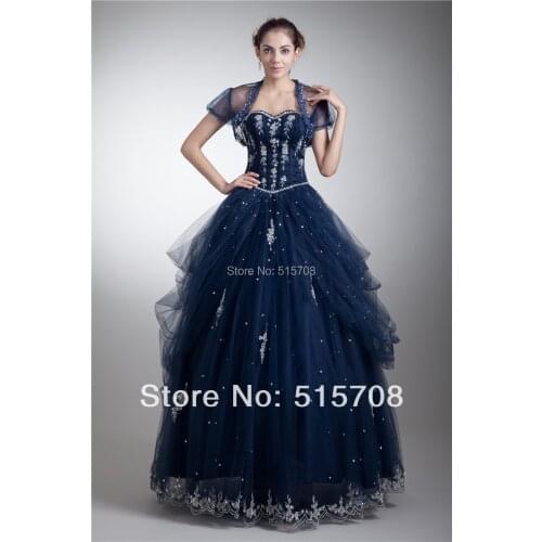 Navy Blue Beadings Sweetheart Backless Prom Gowns Formal Evening Dresses Quinceanera Gowns With Free Jacket Custom Make
