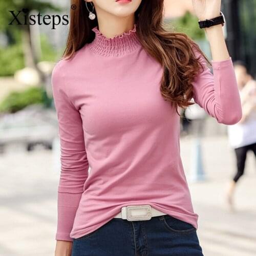Xisteps Solid Color Turtleneck Long Sleeve T Shirt Women Casual Soft Cotton Warm Elegant Autumn 2020 New Tops