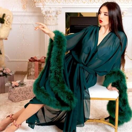 Womens Green Evening Dresses Sexy Faux Fur Ladies Custom Made Bathrobe Sheer Floor Length Bridesmaid Robe