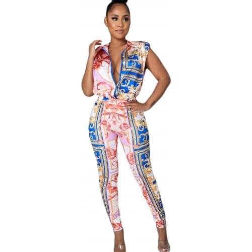 Women Set Graffiti Print Sleeveless Turn-down Blouse Tops And Pant Sheath Elastic Long Pants 2 Two Piece Set Fashion Outfit