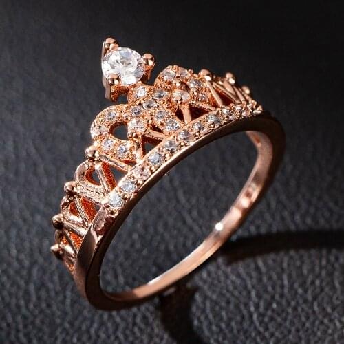 Rose Gold Crystal Crown Ring Luxury Shiny Zircon Wedding Rings For Women Ladies Charm Engagement Rings Jewelry Party Gifts