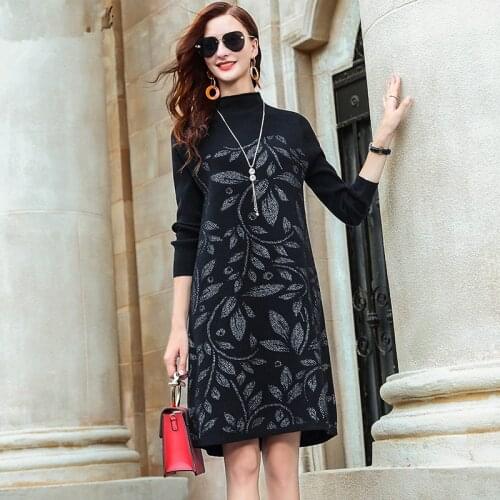 Black Vintage Printed Knitwear Plus Size Womens Autumn Knit Dresses 2020 New Sweater Base Dress Female Long Sleeve Long Pullove