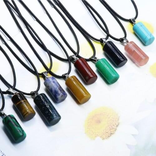 10pcs Cylindrical Pendants & 10pcs Leather Rope Chakra Natural Stone Pendant Necklace Healing Energy Bead Jewelry Making 20*11mm