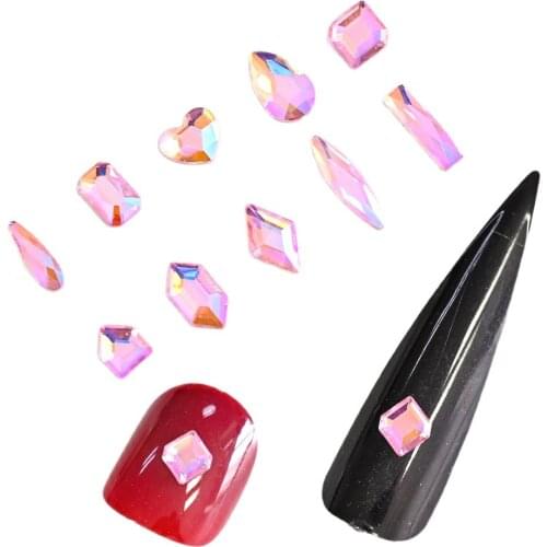 20Pcs Flatback K9 Crystal Aurora Pink AB Color Diamond Design Nails Art Rhinestones Multi-Shape Diamond Nail Crystal Stones