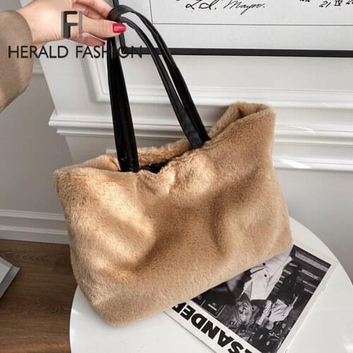 2020 Winter Warm Bags Plush Fur Tote Leather Strap Large Fashion Leisure Female Famous Designer Shopping Bags Fluffy Handbag