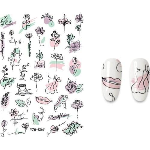 3D Nail Stickers Abstract Art Sketch Doodle Woman Flower Chinese Characters Manicure Decoration Stickers For Nai