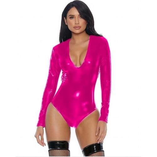 2021 Women PU Faux Leather Long Sleeve Metal Bodysuits Sexy Bodycon Fashion Club Party Jumpsuit