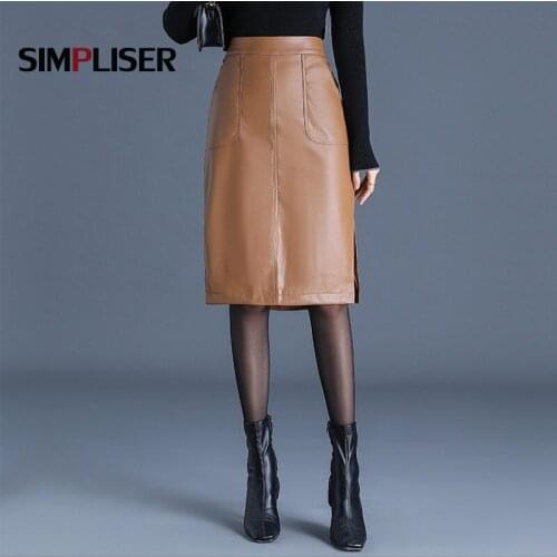 Black PU Leather Skirt Women 2021 New Midi Sexy High Waist Split Skirt Office Straight Skirt Knee Length Plus Size 4XL