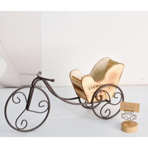 Old Retro Series Iron Art Bicycle Table Top Porch Cabinet Decoration Silk Flower Green Plant Succulent Wooden Flowerpot