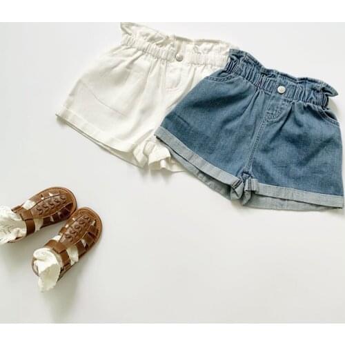Ruffles Lace Elastics Waist Girls Denim Shorts Summer Kids Short Pants Toddler Girls Jeans Clothing Children Pockets Design Pant