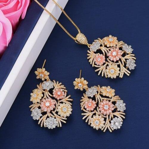 LARRAURI Long Chain Flower Necklace Dangle Earrings Jewelry Sets Luxury Jewelry Sets CZ Jewelry For Women boucle d'oreille 2019