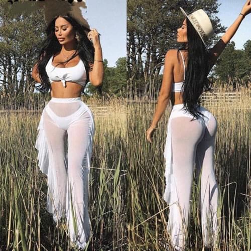 Summer Womens Chiffon Harem Pants Fashion Summer Hot Female Beachwear Cover-Ups Mesh Loose Casual Long Trousers