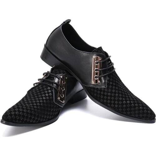 Factory Handmade Black Mens Shoes sapatos Small Grid Mens Dress Shoes Lace Up Genuine Leather Business Office Formal Shoes Men