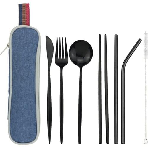Black Travel Dinnerware Set Portable Cutlery Set Camping Dinner Set Stainless Steel Tableware Set With Straw Brush Chopstick Bag