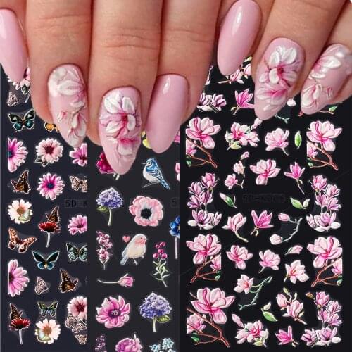 1Sheet 5D Embossed Nail Sticker Colorful Flower With Textured Water Slider Water Decal Nail Art Self Adhesive DIY Decal Sticker