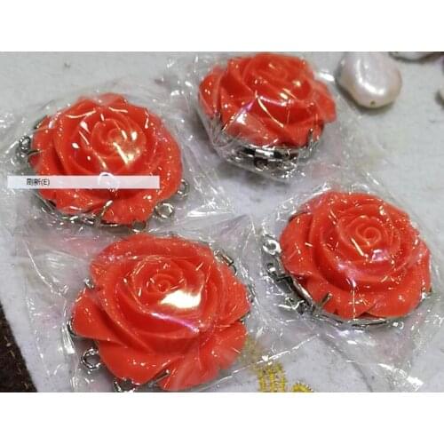 New Fashion Orange Red Coral Carved Beautiful Rose Flower Inlay Silver plated Clasp Necklace