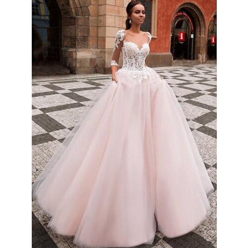 New 2021 Tulle Scoop Neckline See-through Bodice 3/4 Sleeves Wedding Dress Lace Appliques A-line Wedding Gowns For Bride