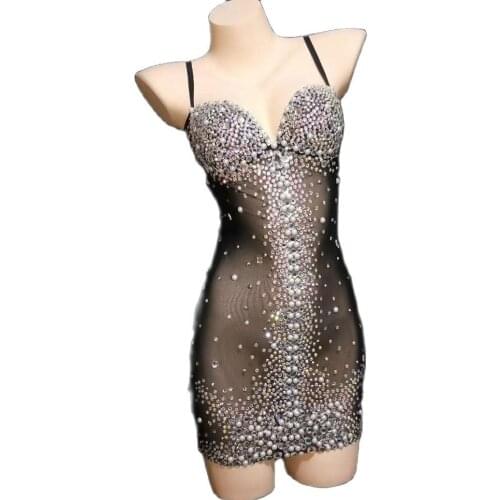 Sexy Black Slip Dress Perspective Rhinestone Dress Women Dance Perform Costume Nightclub Singer Dress Party Birthday Outfit