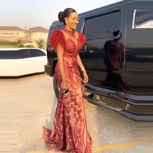 Sheer Neck Prom Dresses Elegant Feather Shoulder Formal Dress Lace Applique Evening dress Party Gowns Arabic Aso Ebi