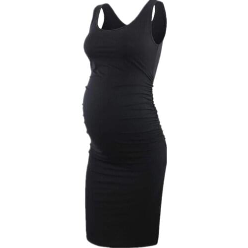 Women Maternity Dress Sleeveless Tank Dresses Side Ruching Striped Pregnancy Dress Casual Knee Length O-neck Solid Pregnant Tops