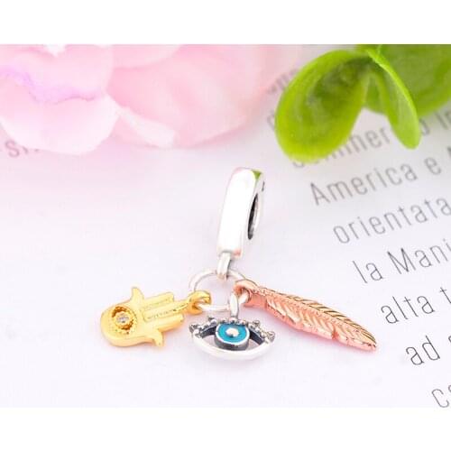 Fit Original Pan Charm Bracelet 925 Silver Blue Evil Eye Rose Gold Hamsa Hand of Fatima Leaf Bead Making Berloque 2020 NEW