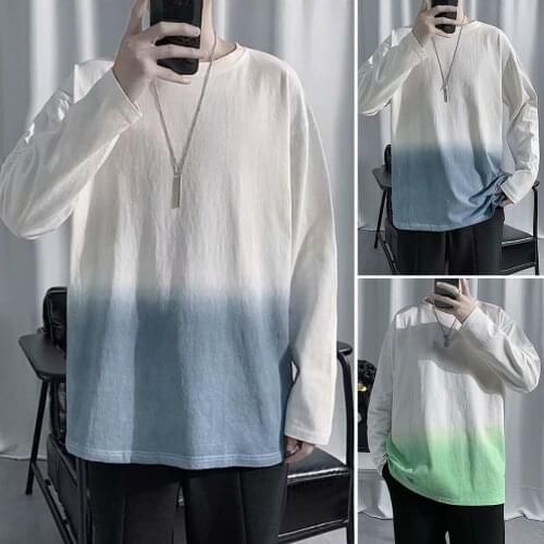 Casual Fashion Men Gradient Long Sleeve Round Neck Breathable Loose T-shirt Blouse All-match Fashion Unisex Clothes Streetwear