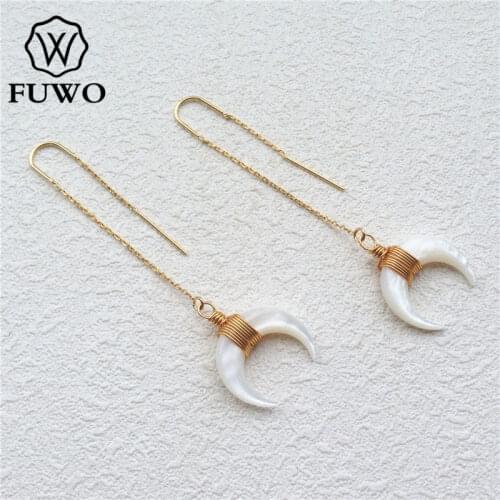 FUWO Natural White Mother of Pearl Crescent Threader Earring With Gold Brass Plated Fashion Double Horn Jewelry Wholesale ER516