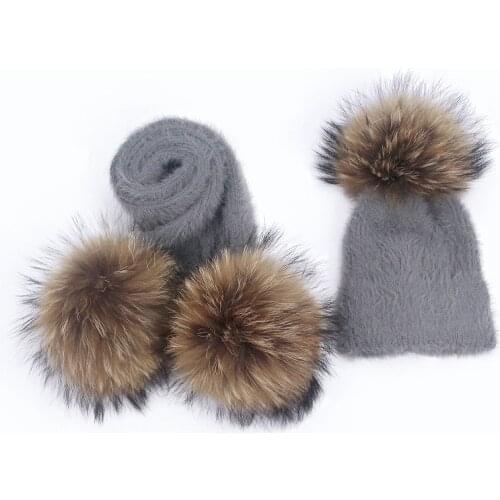 New Winter Hat Scarf Set Women Girls Real Raccoon Knitted With Fur Pompom Ball Caps Baby Children Hats Kids Warm Beanie Suits
