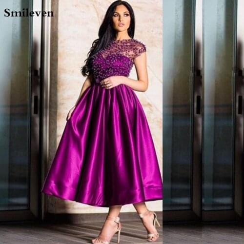 Smileven Satin Evening Dresses 2020 A-Line Ankle Length Pearls Elegant Party Gowns Cap Sleeve Robe De Soiree Prom Dresses