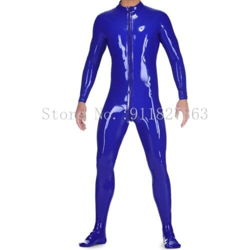 Dark Blue Latex Long Sleeve Catsuit With Front Three Ways Zip Through Crotch Latex Body Suit With Sock for Man Males Custom Made