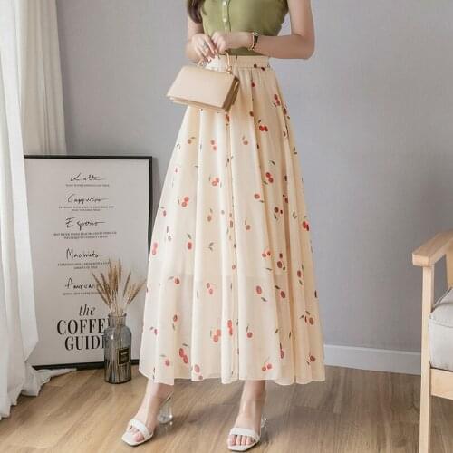 Summer Bohemian Flower Chiffon Skirts Women Casual Elastic Waist A-line Cherry Print Boho Beach Skirts Ladies Fashion Long Skirt