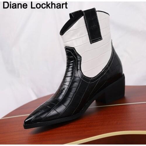 Cossack Western Cowboy Boots Womens PU Leather mid heels slip on Cowgirl Booties Sexy Pointed Toe Ankle botas femme Shoes 36