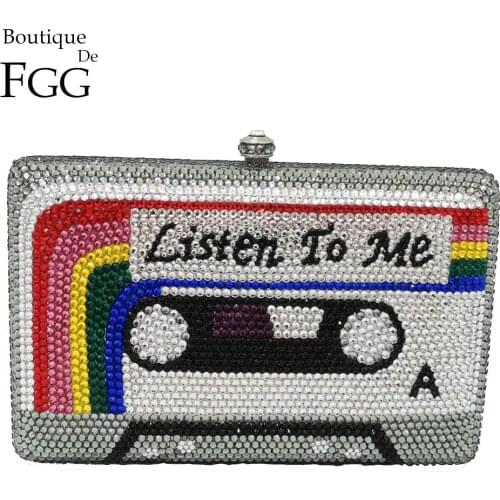 Boutique De FGG Listen2ME Cassette Tape Clutch Women Crystal Evening Bags Wedding Party Diamond Box Minaudiere Handbag and Purse